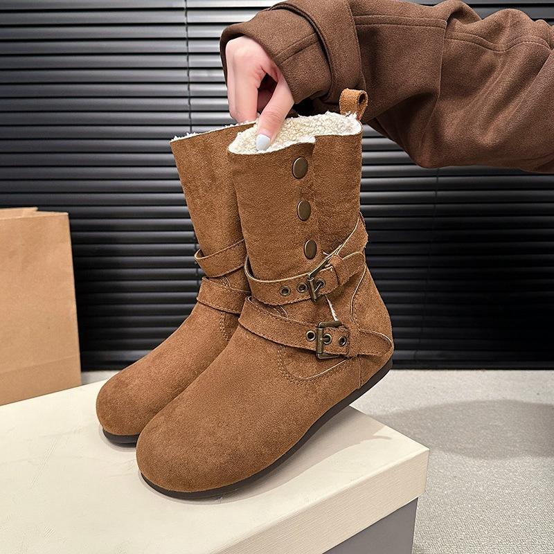 Plush Mid-Tube Boots Women Winter Suede Metal Buckle Warm Belt Buckle Flat Cotton Shoes
