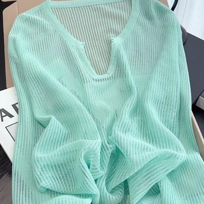 Grünes Damen-Sommer-Strickoberteil mit V-Ausschnitt, Sonnenschutz, locker geschnitten