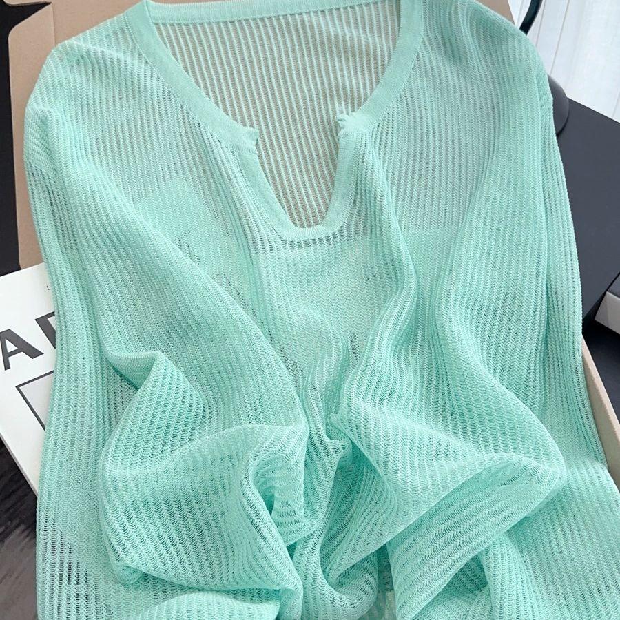 Women's Summer Green V-neck Knit Top Outer Wear Sun Protection Cover Up Dopamine Loose Outer Top