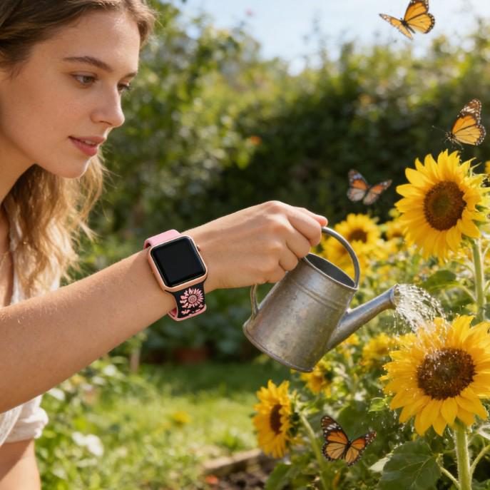 Two-Color Laser Engraved Butterfly & Flowers Silicone Apple Watch Band