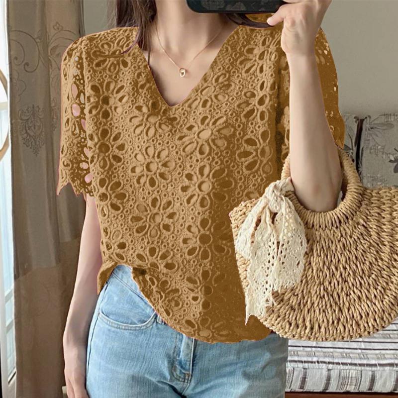 ZANZEA Women Summer V-Neck Lace Crochet Patchwork Casual Short Sleeve Blouse