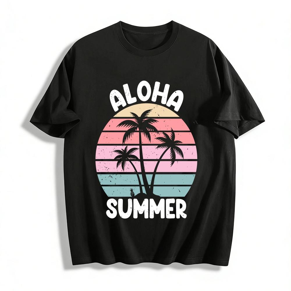 Retro Coconut Tree Sunset Print Casual Summer T-Shirt Pure cotton T-shirt XXS