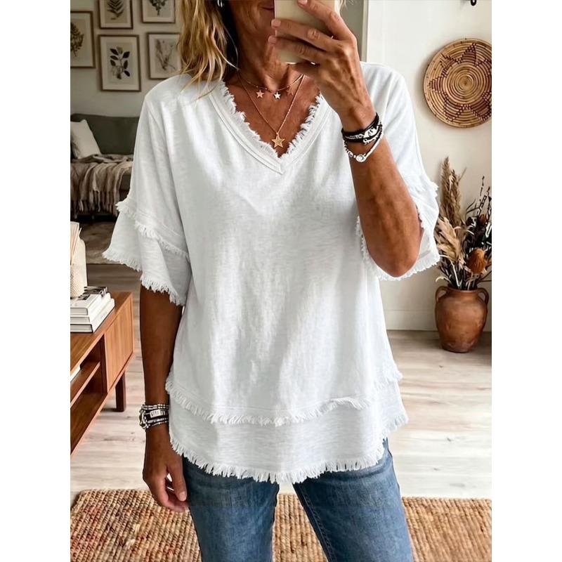 Women S Boho Style Solid Color V Neck Loose Fit T Shirt S
