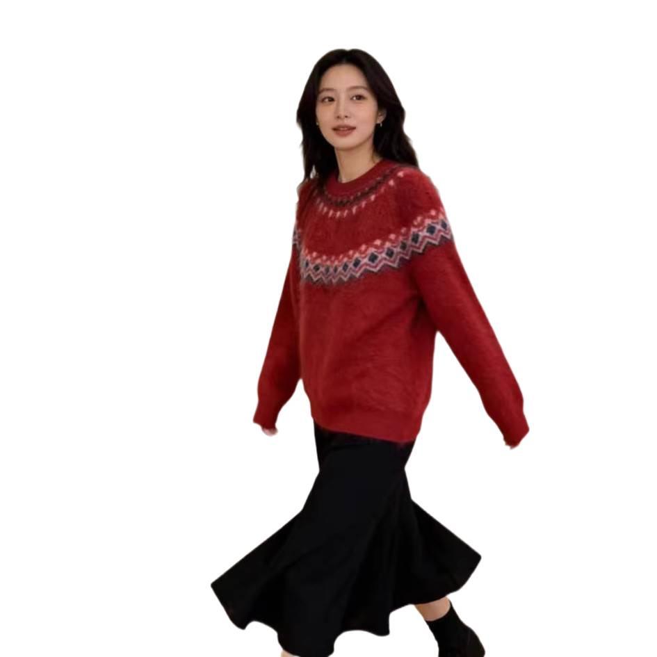 Women's Retro Fair Isle Cashmere Wool Sweater - Loose, Fashion-Forward, Heavyweight Knit in Lazy Style