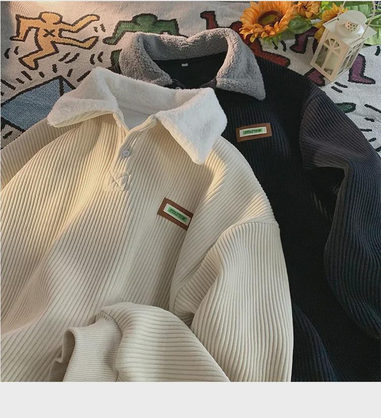 Men's Lamb Wool-Lined Corduroy Polo Sweatshirt - Autumn/Winter Hong Kong Style