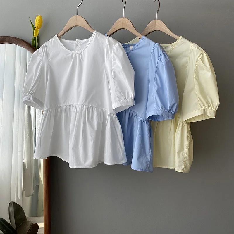 2024 Summer Vintage Womens Shirt Puff Short Sleeve Casual Slim Woman Blouses Cotton White Shirts Tops Female Blusa Mujer 14375