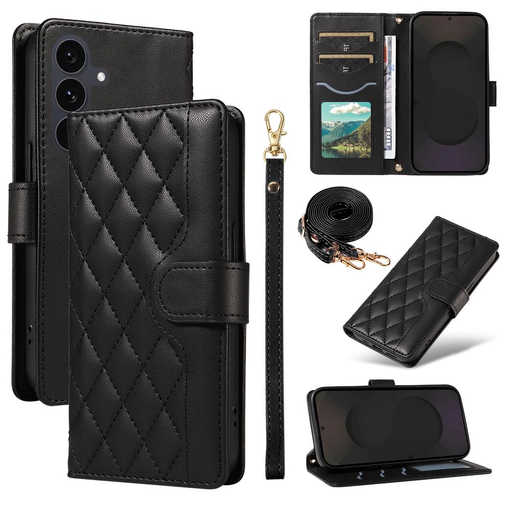 For Samsung Galaxy S25 FE Wallet Case Rhombus Leather Phone Cover with Strap