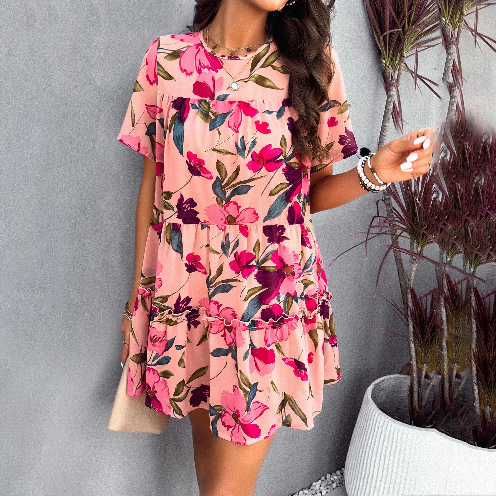 

Women s Casual Vacation Printed Short-sleeved Dress S рожевий