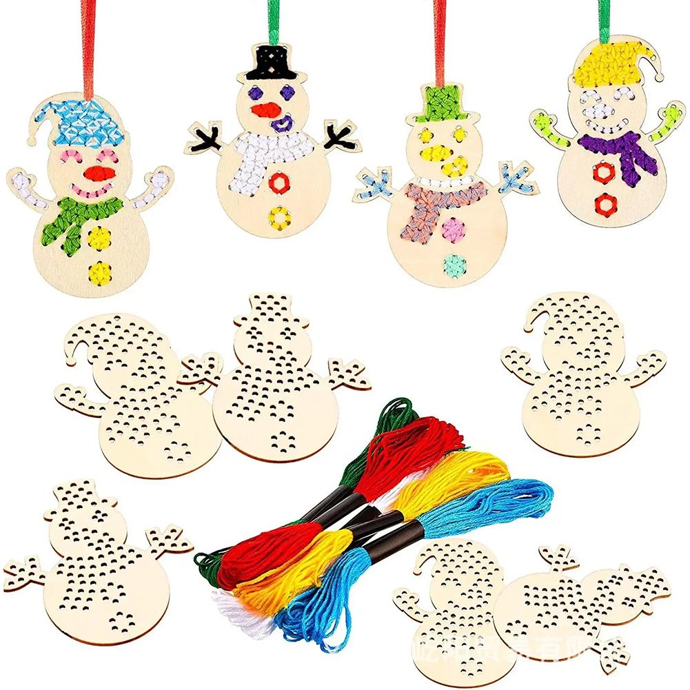Cross Stitch Hanging Pendant Snowflake 3D DIY Cross Stitch Pendant Wooden Ornaments Making Kit for Home Xmas Tree Easter Decor