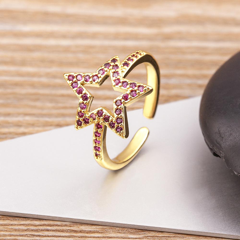 Nidin New Hip Hop Rock Five Star Rings Men Women Luxury Gold Color Rhinestones Zircon Pentagram Adjustable Wedding Party Gift
