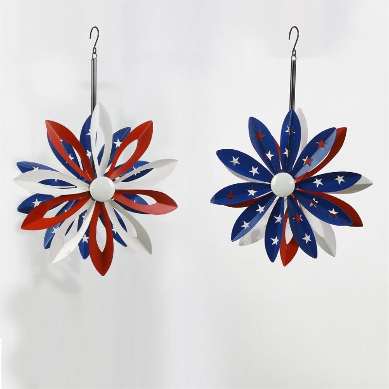Metal Windmill Feature With Bright Red And Dark Blue Blades Great For Garden Landscape Lawn Yard And Deck Enhancement