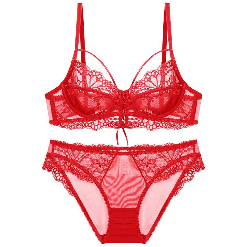 Sexy Ultra-thin Lace Underwear Fashion Ribbon Big Chest Small Semi-see-through Bra Suit Women