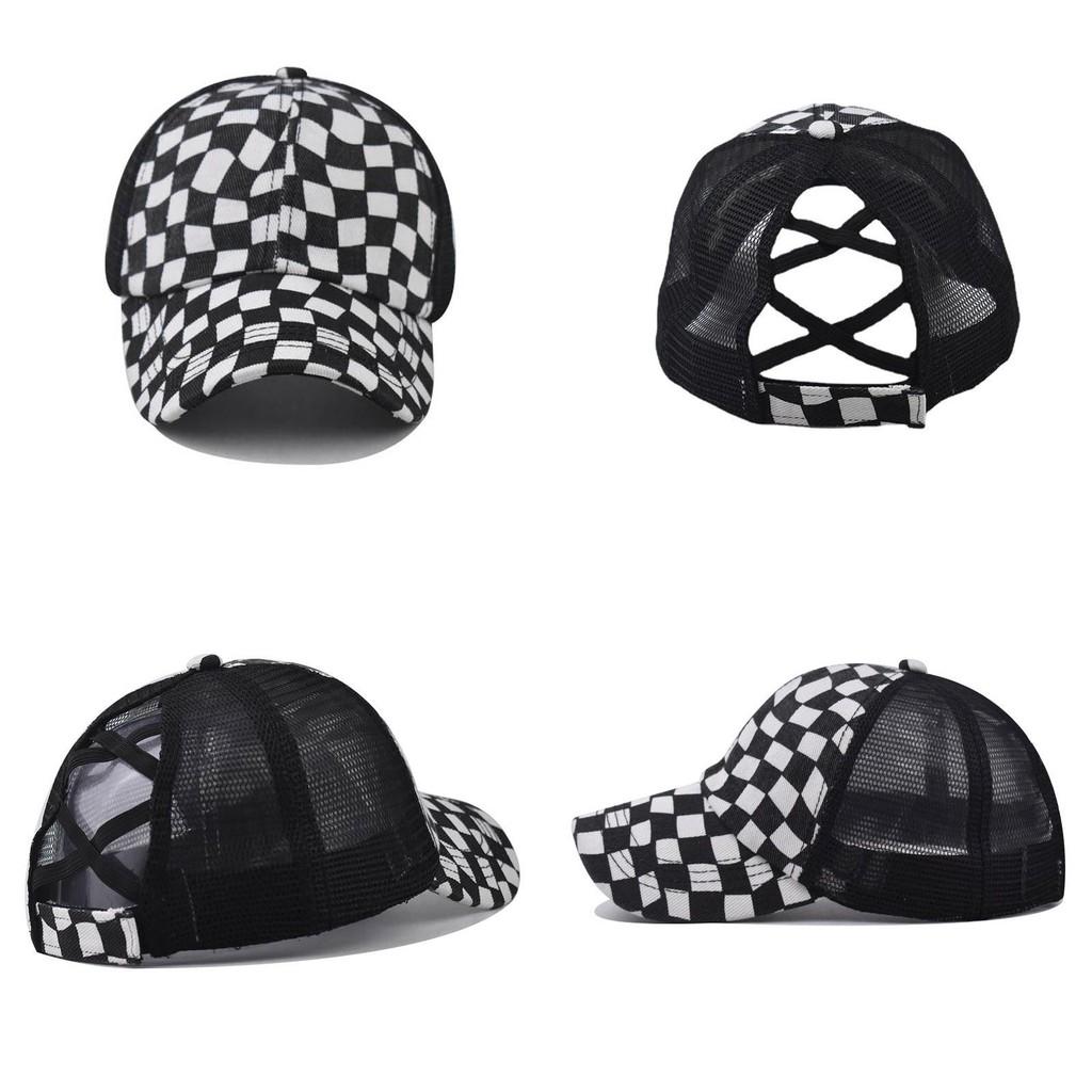 Womens Summer Cotton Baseball Cap With Black And White Grid Splicing Breathable Mesh Design