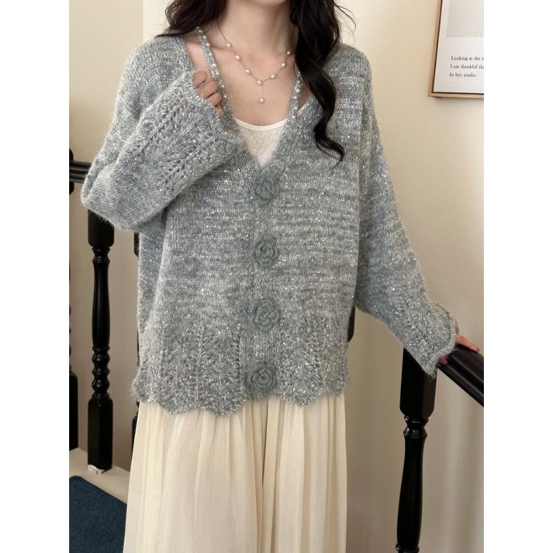 

Вязаный кардиган с бисерными трехмерными цветами и пайетками, новая свободная и нежная ветровка-свитер для женщин на осень и зиму one size fits all серый