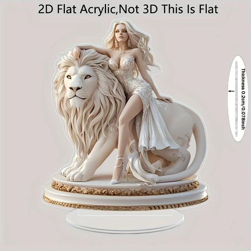 2D Flat Lion Statue Acrylic Desktop Decoration, White Lion & Woman Design, Home Decor Plaque Hanging Wall Art Decorative Garden Decoration for Room Do