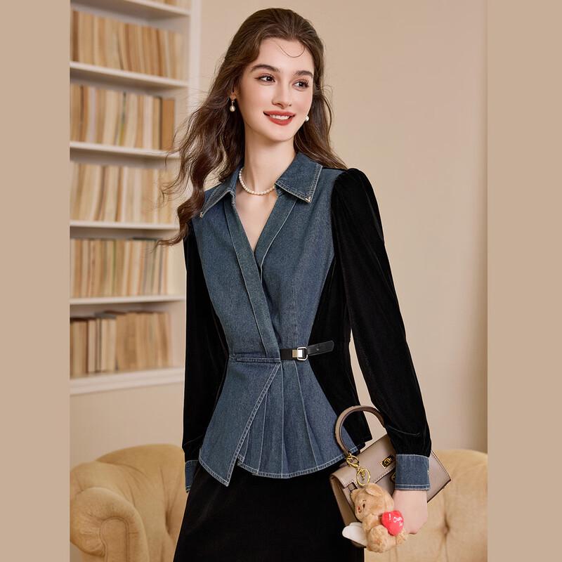 

Velvet Denim Patchwork Waist-Cinching Shirt M