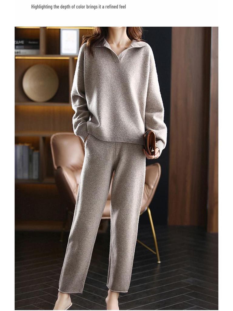 Set din două piese de toamnă/iarnă pentru femei, stil european: Pantaloni cu picior larg și tricotaje pulover