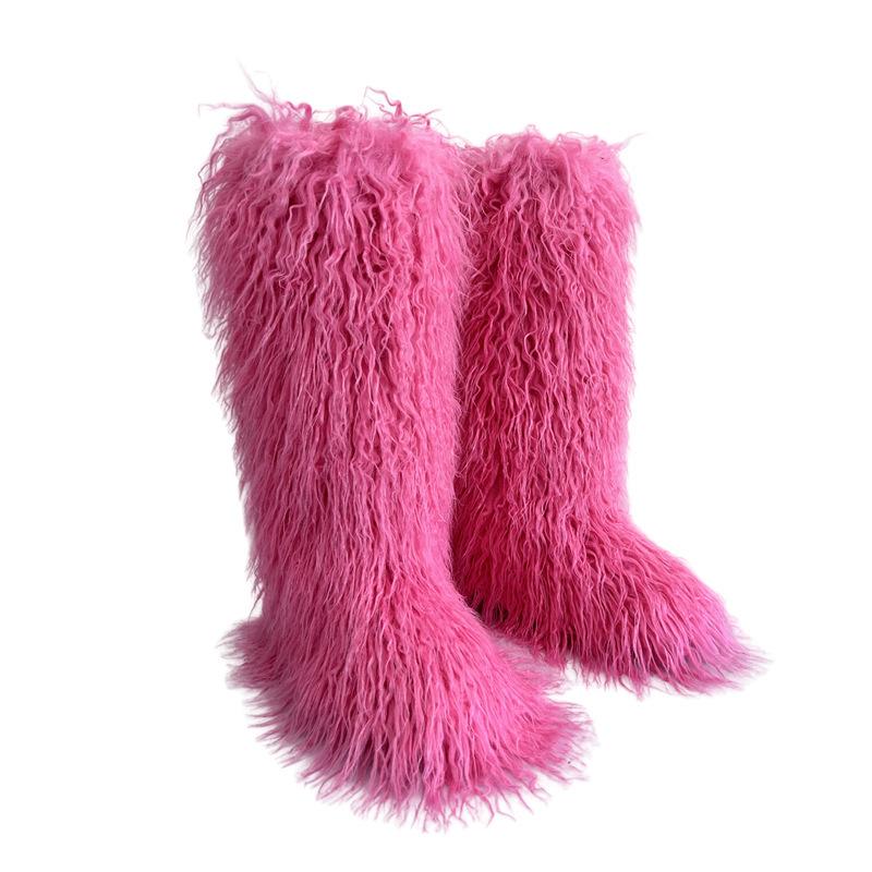 Faux Fur Snow Boot for Women Winter Warm Fluffy Long Furry Long Boots Women's Outdoor Fuzzy Knee-High Boots Plush Warm Snow Shoes for Outdoor Indoor