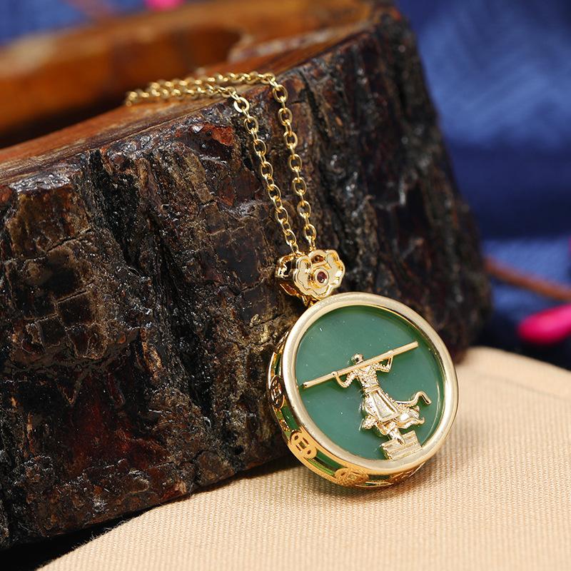 Chinese style imitation Hetian jade safety buckle necklace women's retro temperament titanium steel clavicle chain gold inlaid jade pendant with