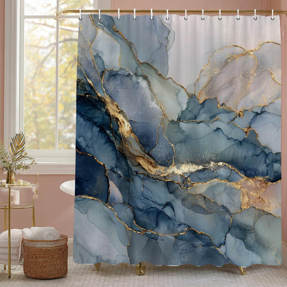 Abstract Ink Black Gold Gray Marbled Shower Curtain, Bathroom Decorative Shower Curtain, Waterproof Shower Curtain With Hooks