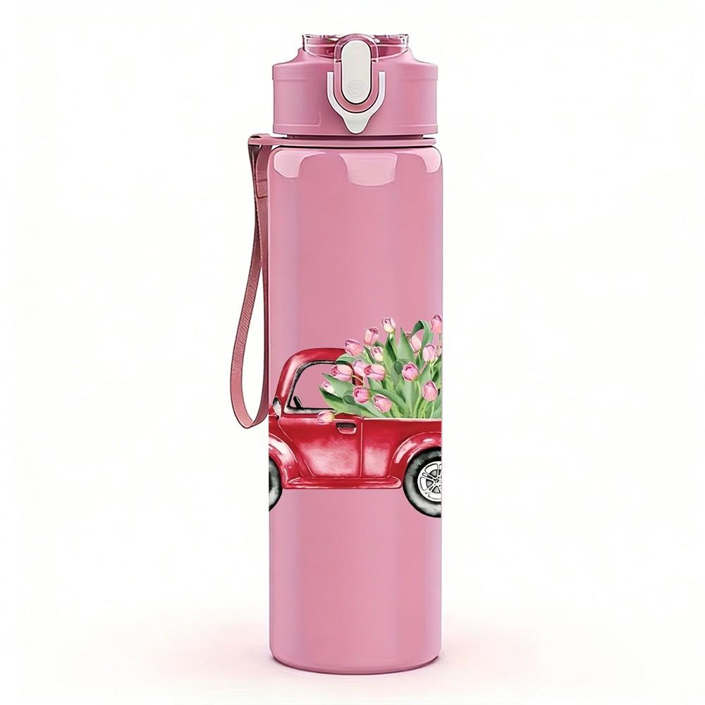 1PC Red Pickup Truck Vintage Retro Pattern 750ml Color Plastic Sports Water Bottle Leakproof Flip Straw Lid Suitable for Sports Office Home Use