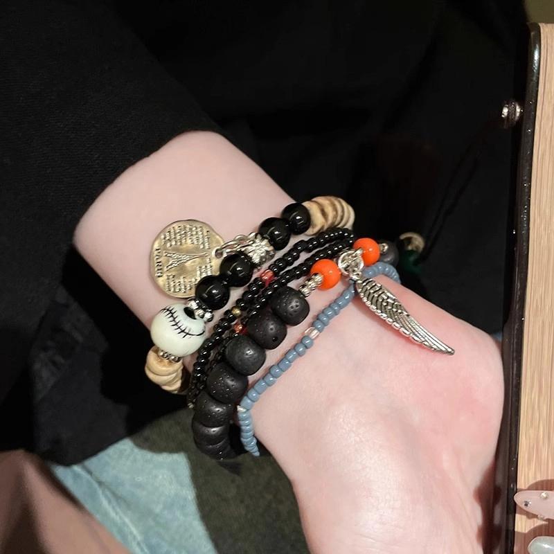 5Pcs Bohemian Multi-Layer Rice Bead Bracelet Wings Pendant Elastic Rope Bracelet Ethnic Style Jewelry