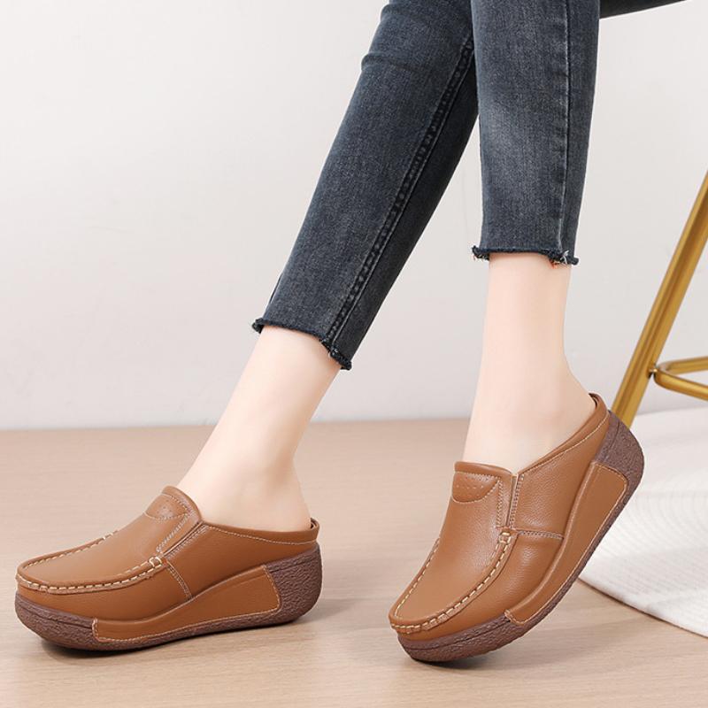 Women PU Leather Platform Shoes Non-slip Half Slippers Fashion Rocker Shoes Wedge Heels Walking Shoes