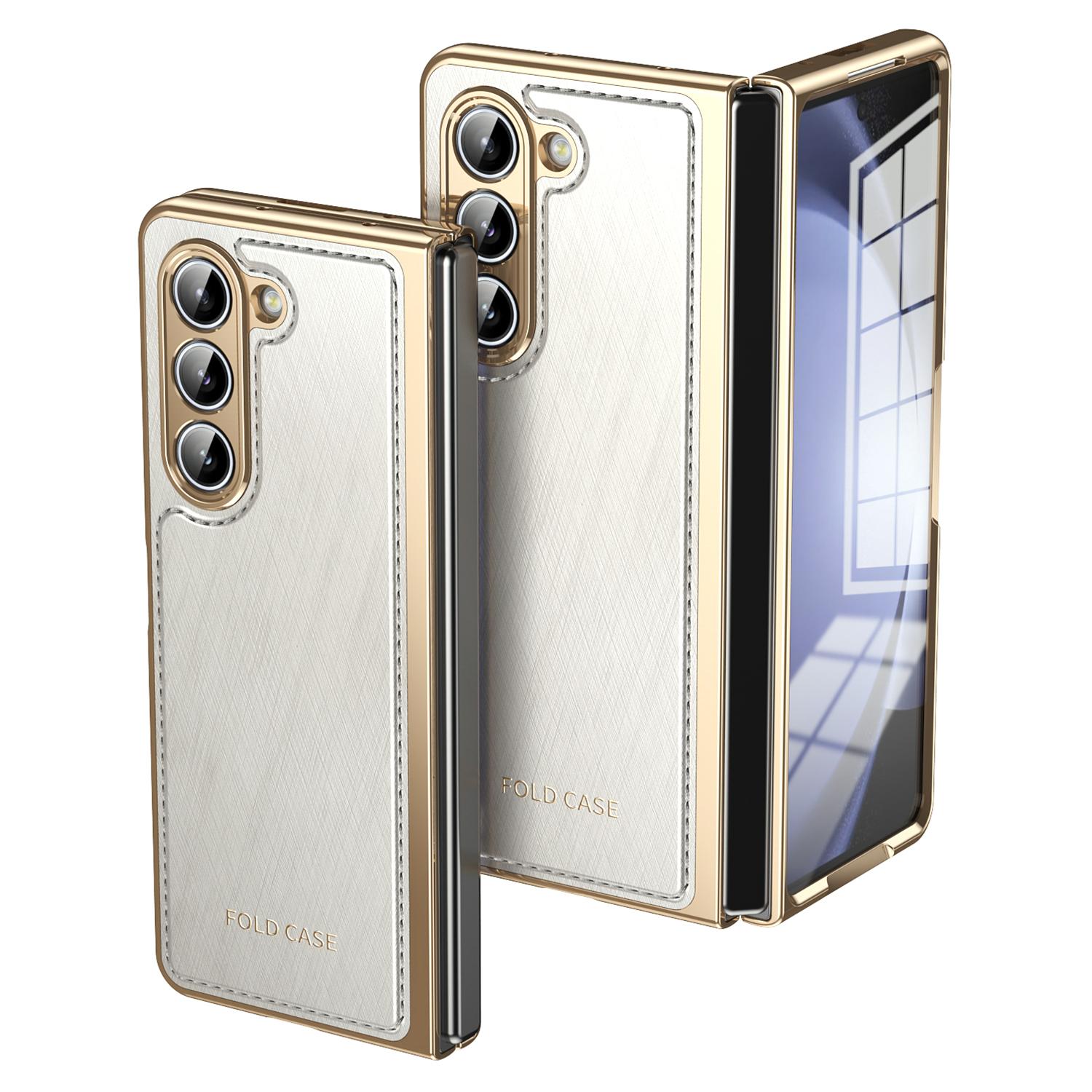 

For Samsung Galaxy Z Fold5 5G Case PU Leather Coated PC Electroplated Phone Cover Built In Screen Protector White