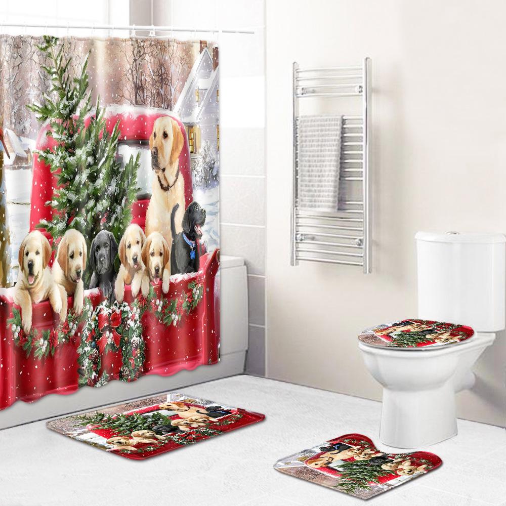 Christmas Shower Curtain Floor Mat Combination Four-Piece Set Bathroom Toilet Carpet Shower Room Mat Foot Mat