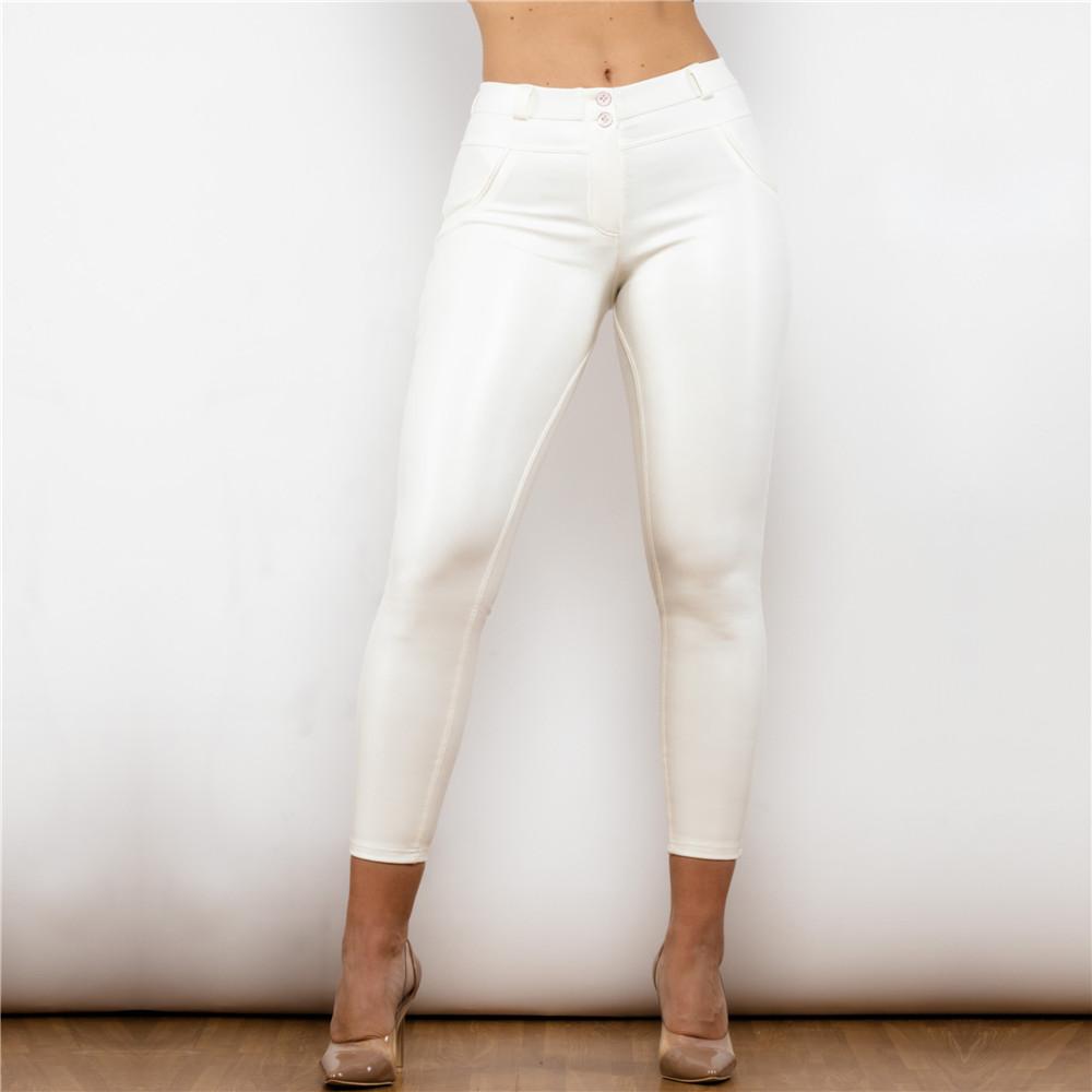 Shascullfites Melody White PU Leather Pants for Women Elastic Leggings Skinny Stretchy Casual Bum Lift Pencil Pant Warm Winter