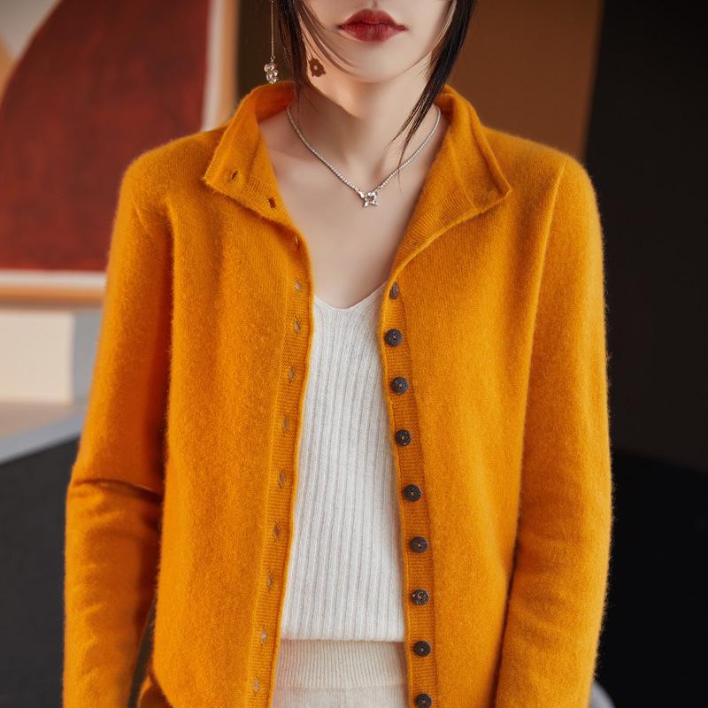 Women's 100% Wool Stand Collar Seamless Cardigan - Loose Knit Long Sleeve Cashmere Coat for Autumn/Winter