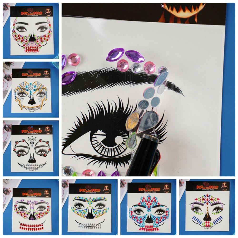 Lustiger Strass-Gesichtsaufkleber DIY Bunter Kristall Halloween Fake Tattoo Clown Make-up Cosplay Requisiten Totenkopf-Gesichtsaufkleber Körperkunst