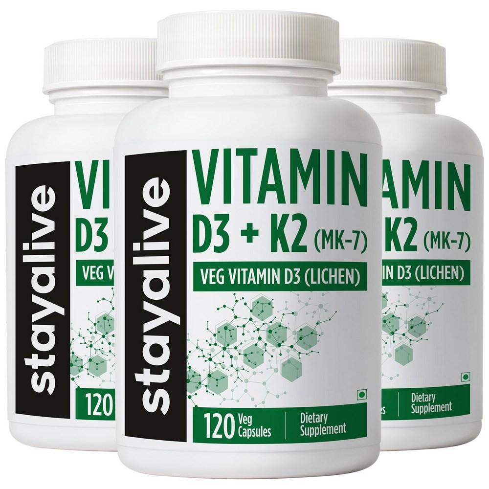 Stayalive Vitamin D3 K2 High Absorbency Supplement 120 Capsules Non-GMO and Gluten-Free Vitamin K2 MK7 Supplement for Men and Women 3 pcs
