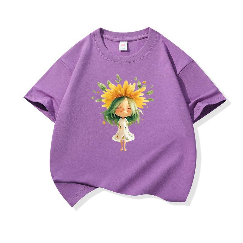 Kids Cotton T Shirt Sunflower Girl Print Crew Neck Short Sleeve Tee Casual Breathable Boys Girls Summer Tops 100