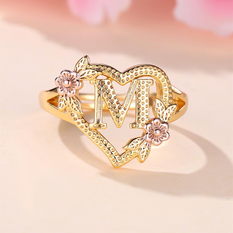 

Кольца с инициалами и цветком в форме сердца, регулируемые нежные кольца с буквами и листьями золотого цвета для женщин и девочек, ювелирные изделия с алфавитом M золотой