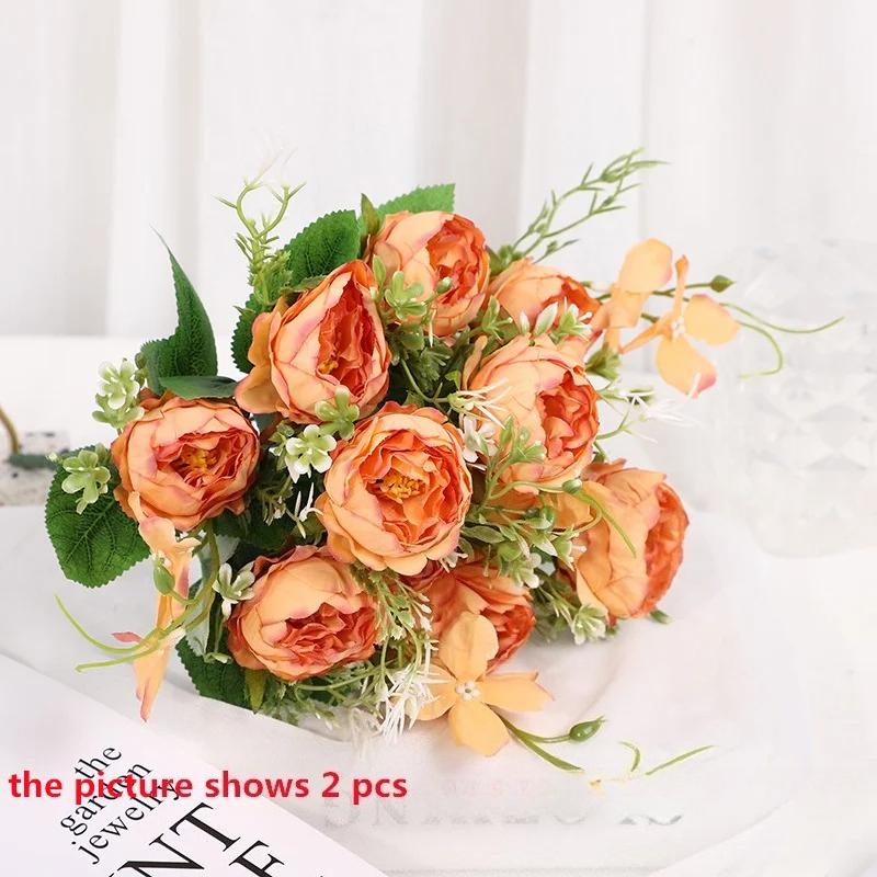 Green Aloes 2pcs Orange Horn Rose Peonies Bouquet Artificial Flowers Simulation Perfume Peony Silk Fake Flower Office Decoration