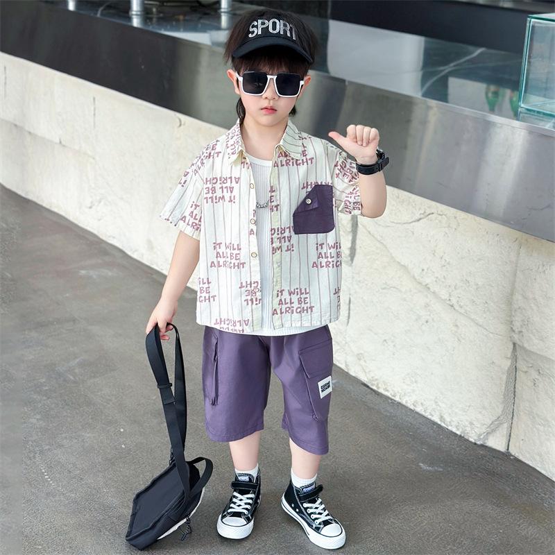 2026 Summer Korean Style Boys Striped Letter Short Sleeve Sports Two-Piece Set 110 cm фиолетовый