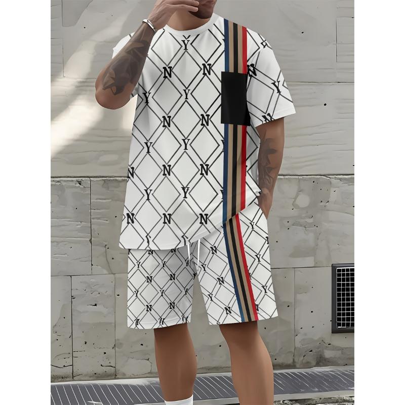 

Men s Latest Summer Contrasting Striped 3D Printed Casual Suit Short Sleeved T-shirt and Shorts Street Style XL