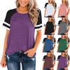 Women's Summer Fashion Large Striped Round Neck Contrast Panel Short Sleeve T-shirt Top