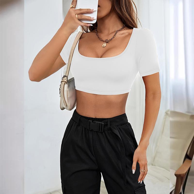 T-shirt Athleisure à manches courtes pour femmes, haut de couleur unie