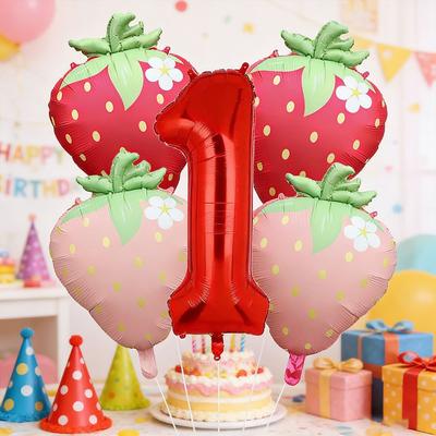 5pcs Red Pink Strawberry Balloons 32 Inch Number 1 Birthday Balloon Set 1st Celebrations Baby Shower Decoration Photo Props