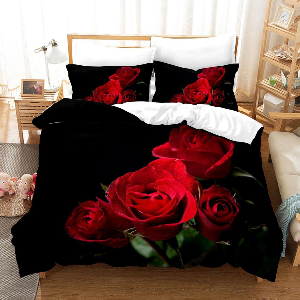 3pcs Bedding Set Beautiful Flowers Print Duvet Cover Set Single Double King Size Bed Set for Adult Home Bedroom with Pillow Case