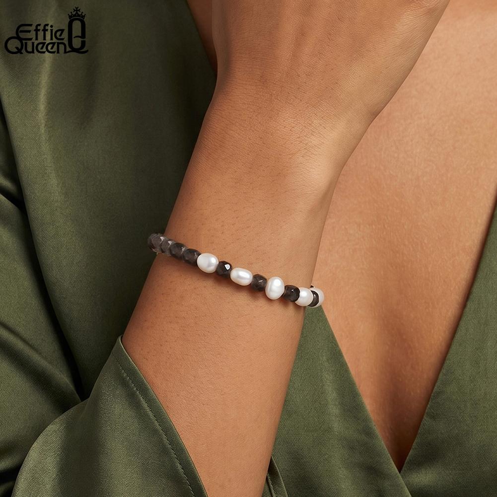 Effie Queen Natural Black Obsidian Beaded Bangle 925 Sterling Silver Black Obsidian Pearls Bracelet Fashion Jewelry Gift MPB26
