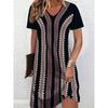 3D Retro Elements Geometric Print Summer Dress Short Sleeve V-Neck Casual Vacation Dress for Women