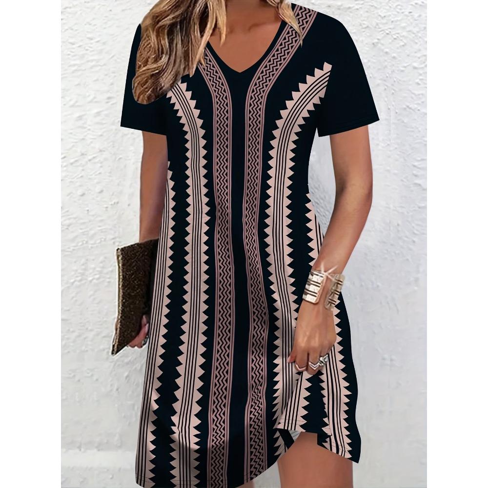 3D Retro Elements Geometric Print Summer Dress Short Sleeve V-Neck Casual Vacation Dress for Women
