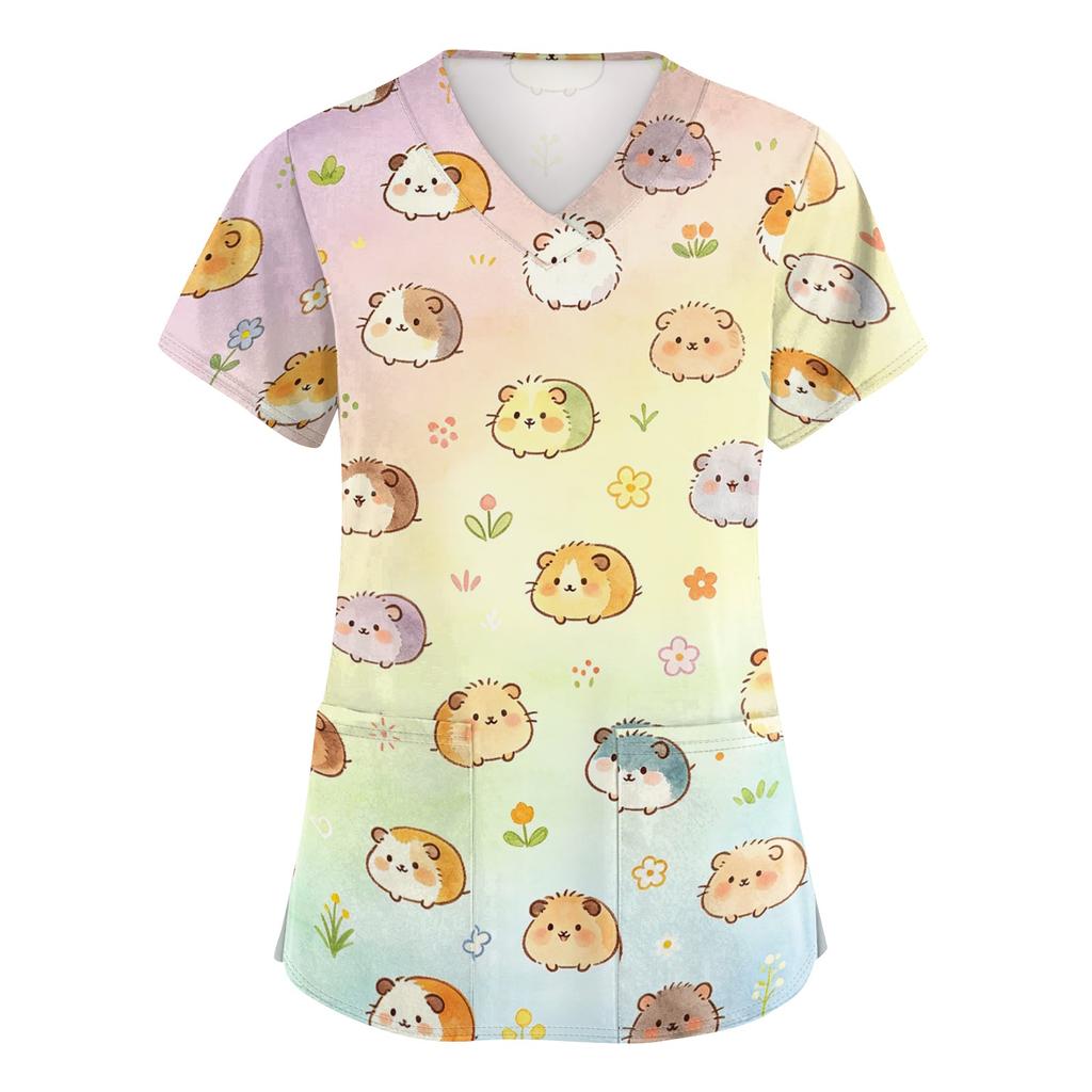 Women's V Neck Short Sleeve Work Top with Pockets Animal Print Medical Scrub Shirt for Healthcare Professionals Nursing Uniform