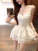Sling Adjustable Pure Desire Wind Fairy Korean Waist Design Splicing Lace Off Shoulder Sleeveless High-end Skirt Woman