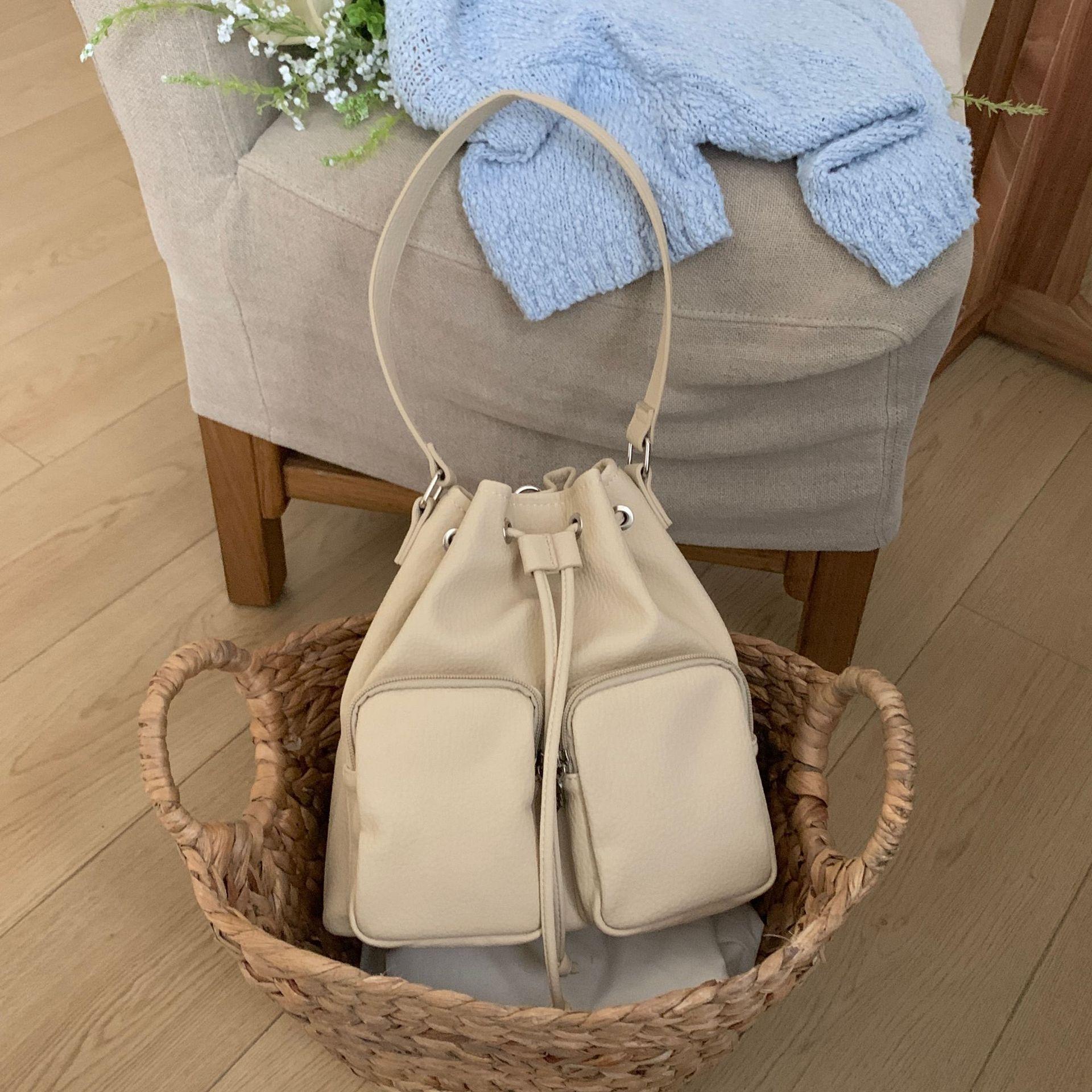 

Fashi Women Bucket Shoulder Bag PU Leather Drawstring Travel Backpacks for Women бежевый