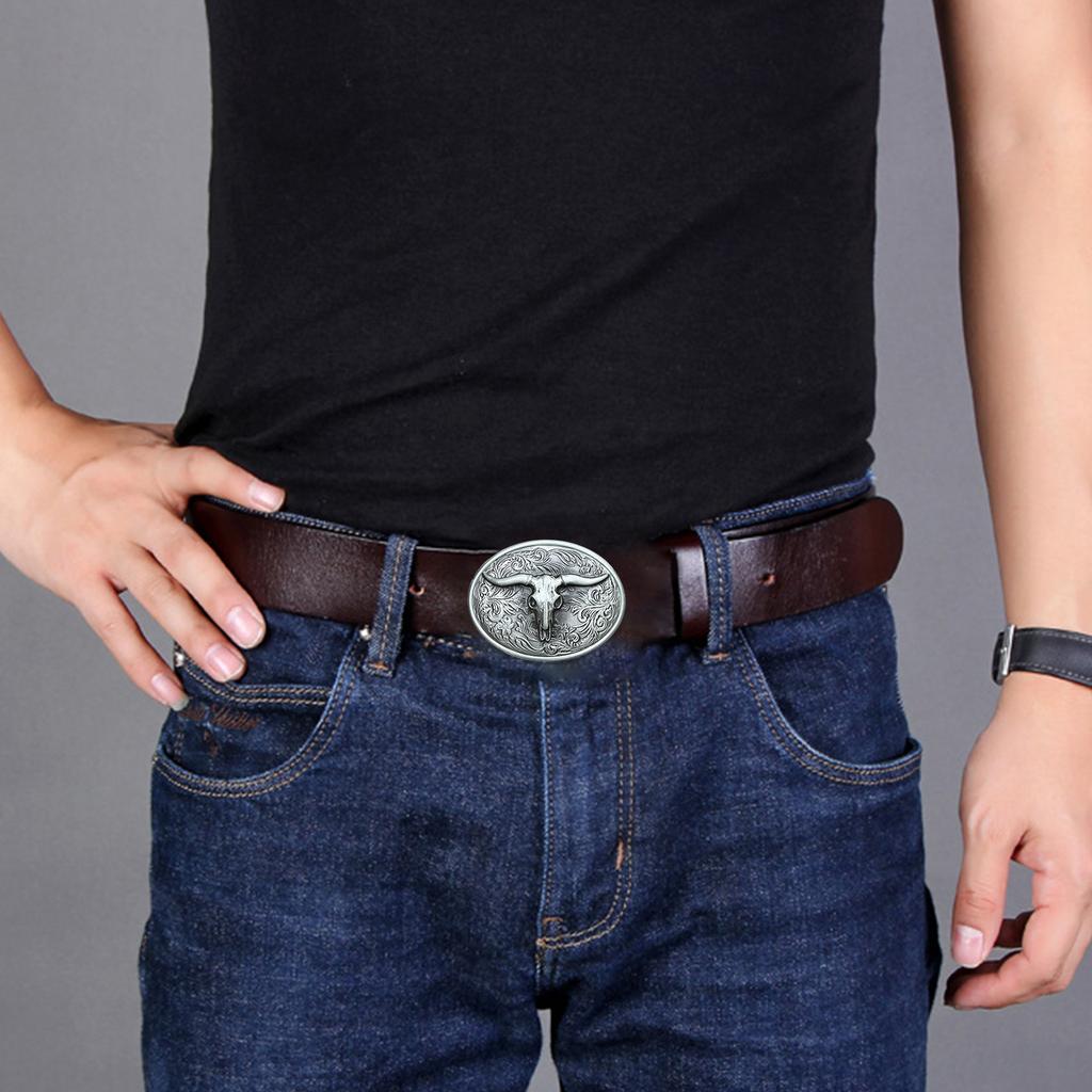 Vintage Carved Floral Pattern Belt Buckle Metal Adult Bull Head Shape Buckle Replacement DIY Craft Belt Oval Buckle