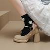 Fashion 2025 New Mary Janes Pumps for Womens Shoe Round Toe Shallow Mouth Beaded Bow  Thick High Heels Office Shoes Size